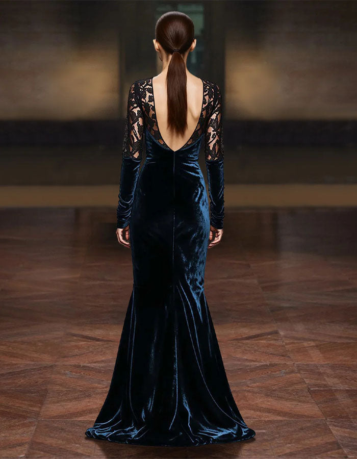 Einfarbiges Samt-Spitzen-Patchwork-Maxikleid mit tiefem V-Ausschnitt und Meerjungfrauen-Schnitt