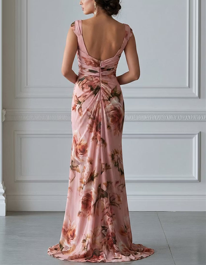 Pink Floral Print Chiffon With Pleats And A High Slit Maxi Dress