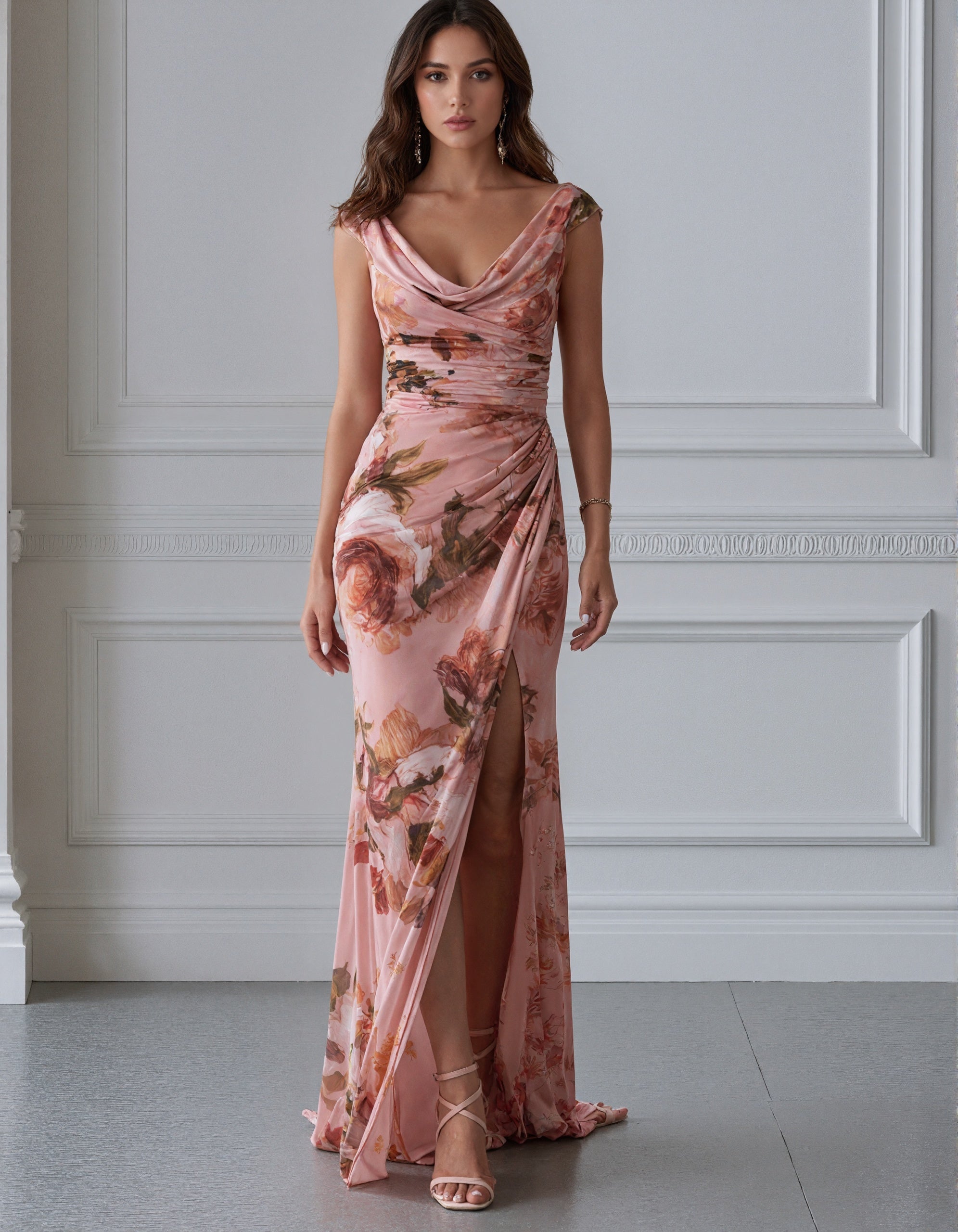 Pink Floral Print Chiffon With Pleats And A High Slit Maxi Dress