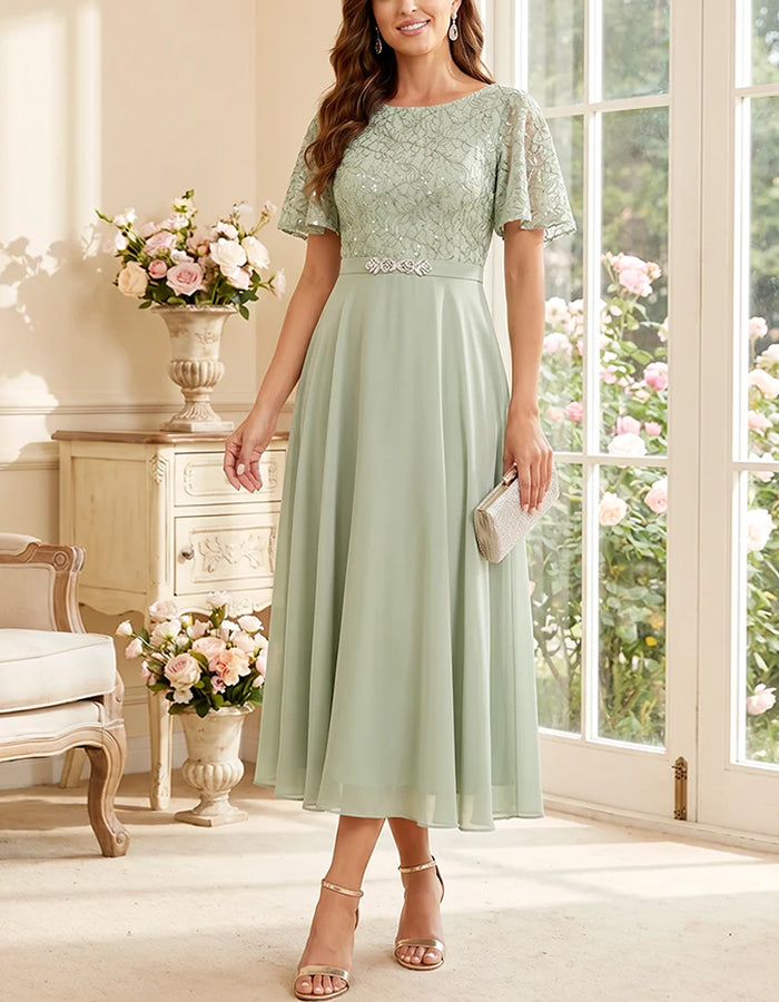 Chiffon-Midikleid in A-Linie mit Rundhalsausschnitt, Spitze und fließenden Ärmeln