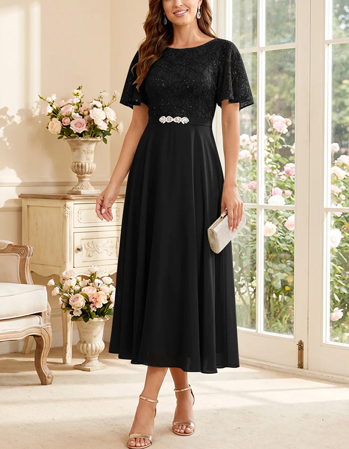 Round Neck Lace Flutter Sleeve Chiffon A‑Line Midi Dress