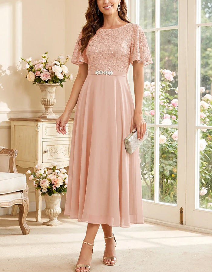 Chiffon-Midikleid in A-Linie mit Rundhalsausschnitt, Spitze und fließenden Ärmeln