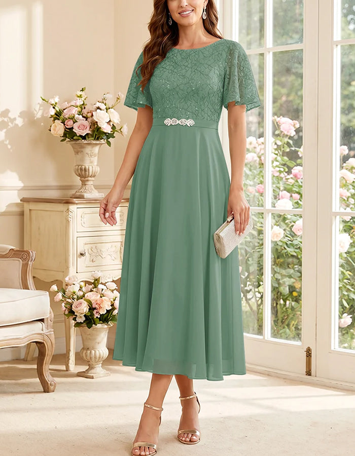 Round Neck Lace Flutter Sleeve Chiffon A‑Line Midi Dress