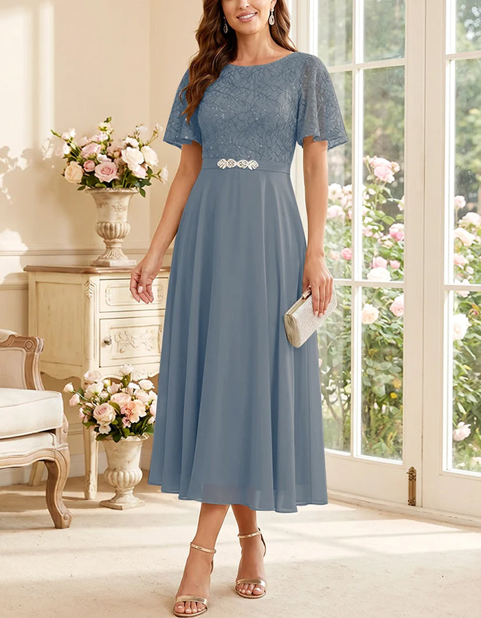 Round Neck Lace Flutter Sleeve Chiffon A‑Line Midi Dress