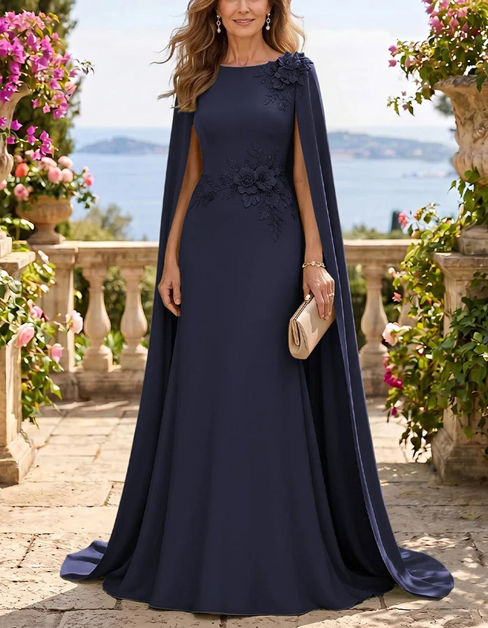 Maxikleid mit Rundhalsausschnitt, Cape-Ärmeln und 3D-Blumenmuster