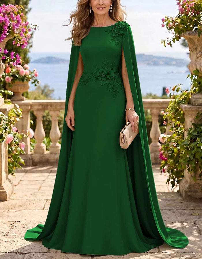 Maxikleid mit Rundhalsausschnitt, Cape-Ärmeln und 3D-Blumenmuster