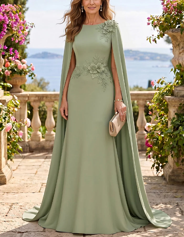 Maxikleid mit Rundhalsausschnitt, Cape-Ärmeln und 3D-Blumenmuster