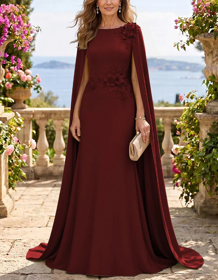 Maxikleid mit Rundhalsausschnitt, Cape-Ärmeln und 3D-Blumenmuster