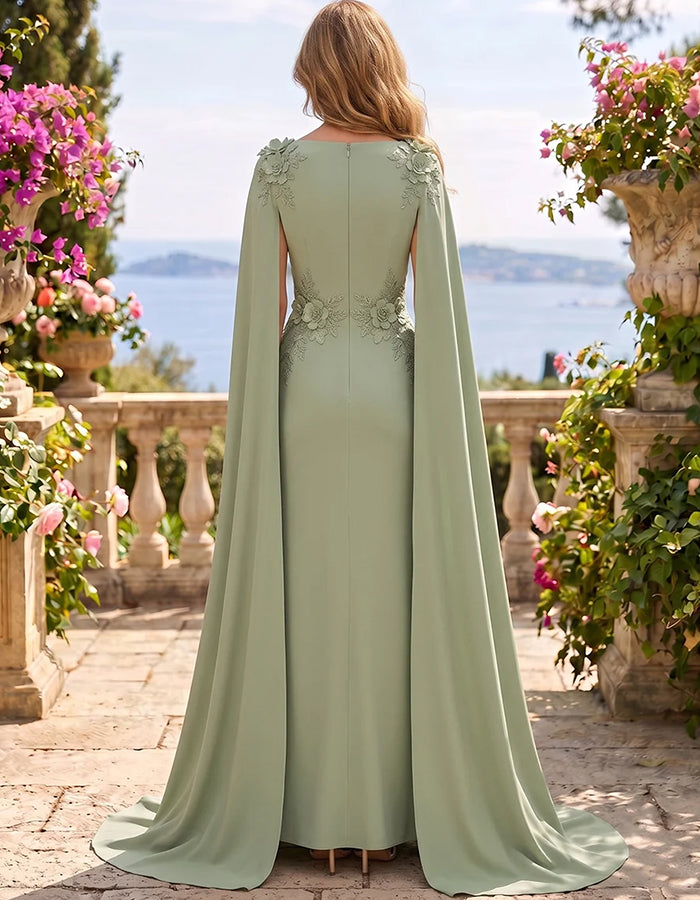 Maxikleid mit Rundhalsausschnitt, Cape-Ärmeln und 3D-Blumenmuster
