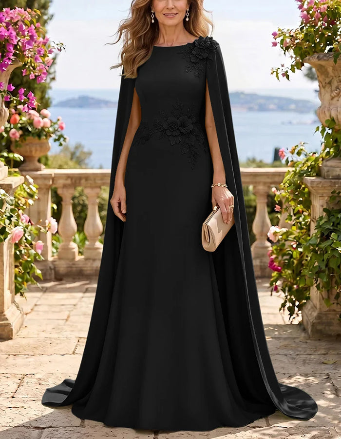 Maxikleid mit Rundhalsausschnitt, Cape-Ärmeln und 3D-Blumenmuster