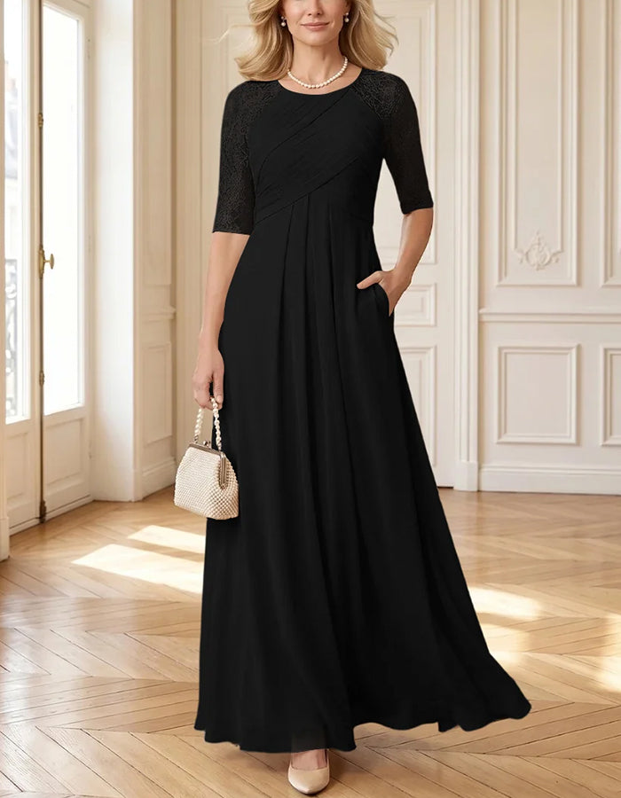 Round Neck Lace Elbow Sleeve Crisscross Pleated Chiffon Maxi Dress