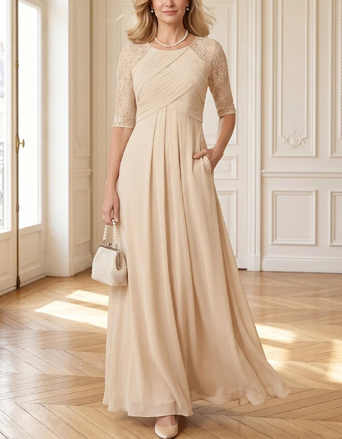 Maxikleid aus Chiffon mit Rundhalsausschnitt, Spitzen-Ärmeln bis zum Ellbogen, überkreuztem Detail und Plisseefalten