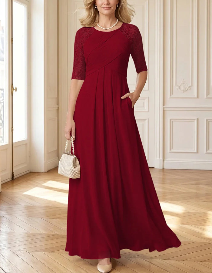 Round Neck Lace Elbow Sleeve Crisscross Pleated Chiffon Maxi Dress