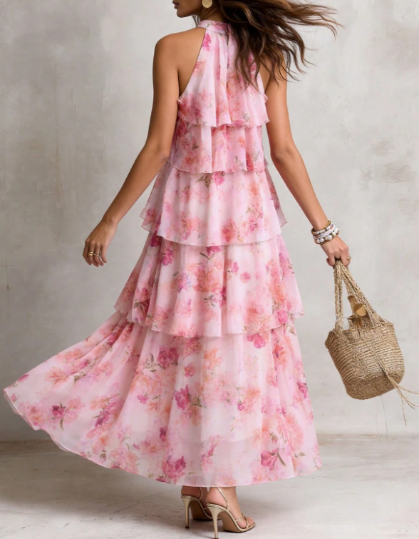 Pink Floral‑Print Chiffon Tiered Halter A‑Line Maxi Dress