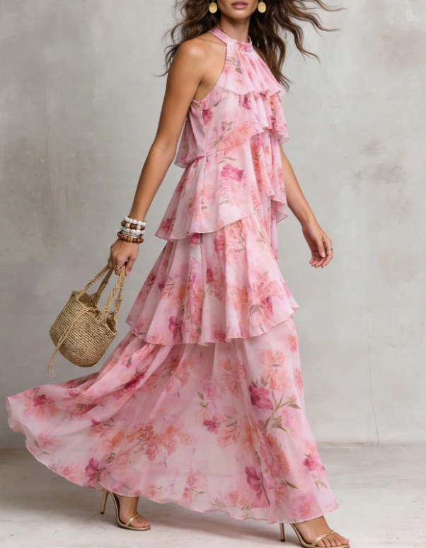 Pink Floral‑Print Chiffon Tiered Halter A‑Line Maxi Dress