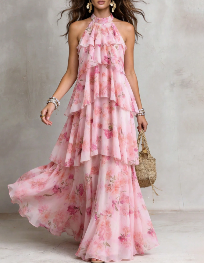 Pink Floral‑Print Chiffon Tiered Halter A‑Line Maxi Dress