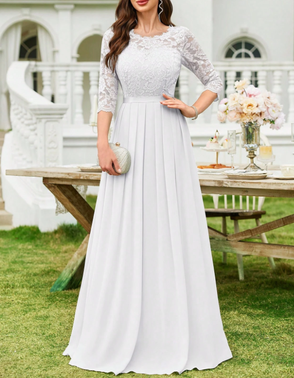 Vestido formal de noite com decote redondo, renda, chiffon, mangas a 3/4, cintura cintada e corte em A