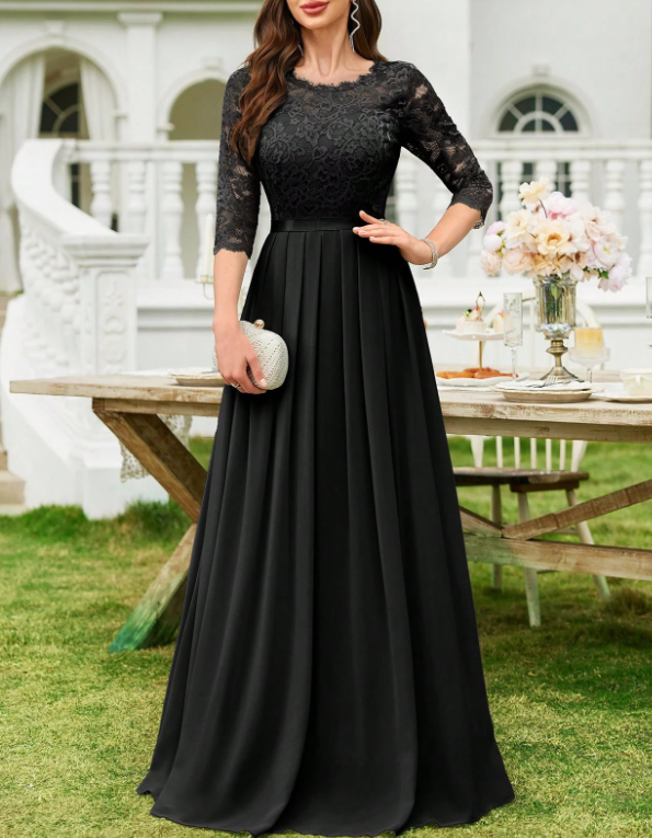 Vestido formal de noite com decote redondo, renda, chiffon, mangas a 3/4, cintura cintada e corte em A