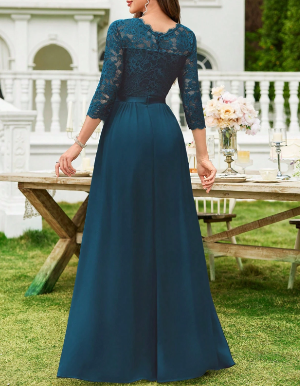 Vestido formal de noite com decote redondo, renda, chiffon, mangas a 3/4, cintura cintada e corte em A