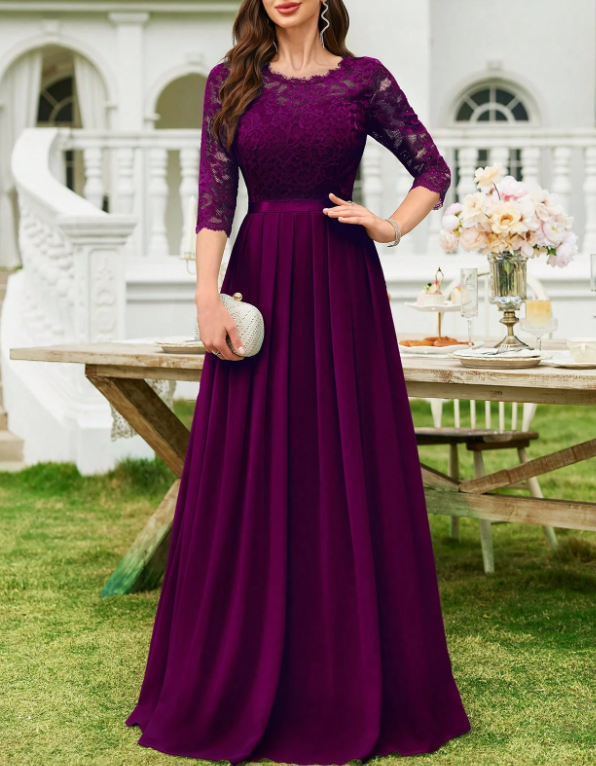 Vestido formal de noite com decote redondo, renda, chiffon, mangas a 3/4, cintura cintada e corte em A