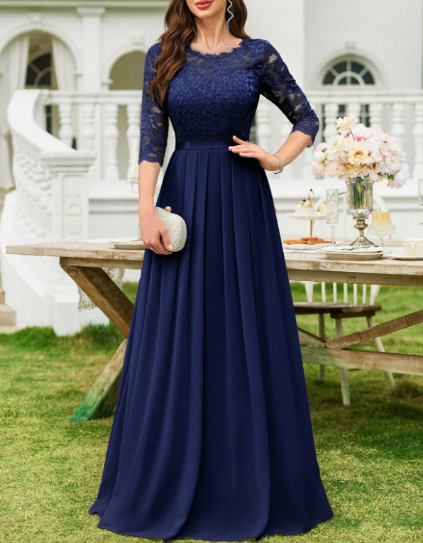 Vestido formal de noite com decote redondo, renda, chiffon, mangas a 3/4, cintura cintada e corte em A