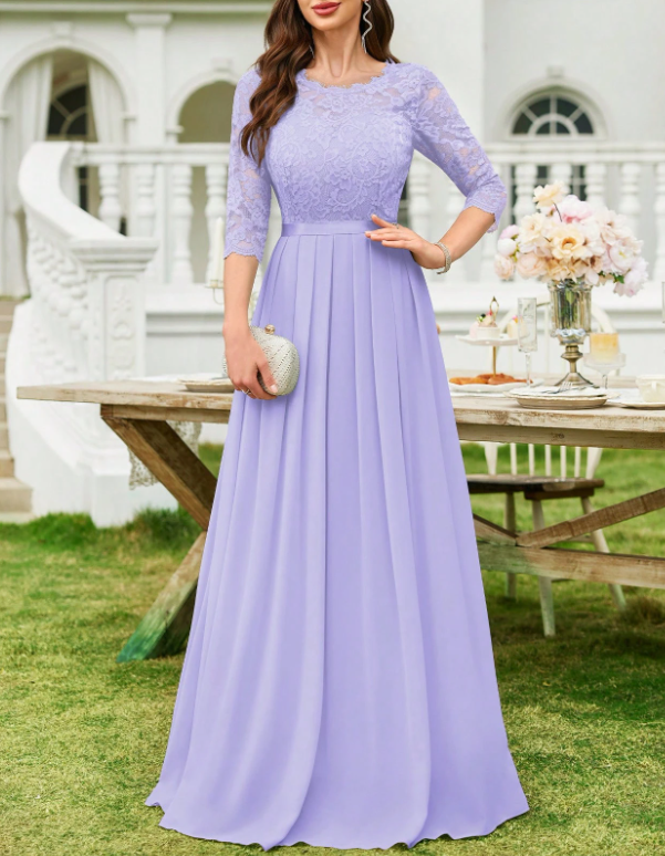 Vestido formal de noite com decote redondo, renda, chiffon, mangas a 3/4, cintura cintada e corte em A