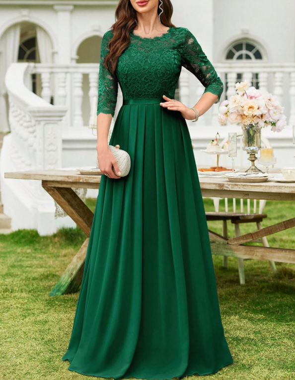 Vestido formal de noite com decote redondo, renda, chiffon, mangas a 3/4, cintura cintada e corte em A