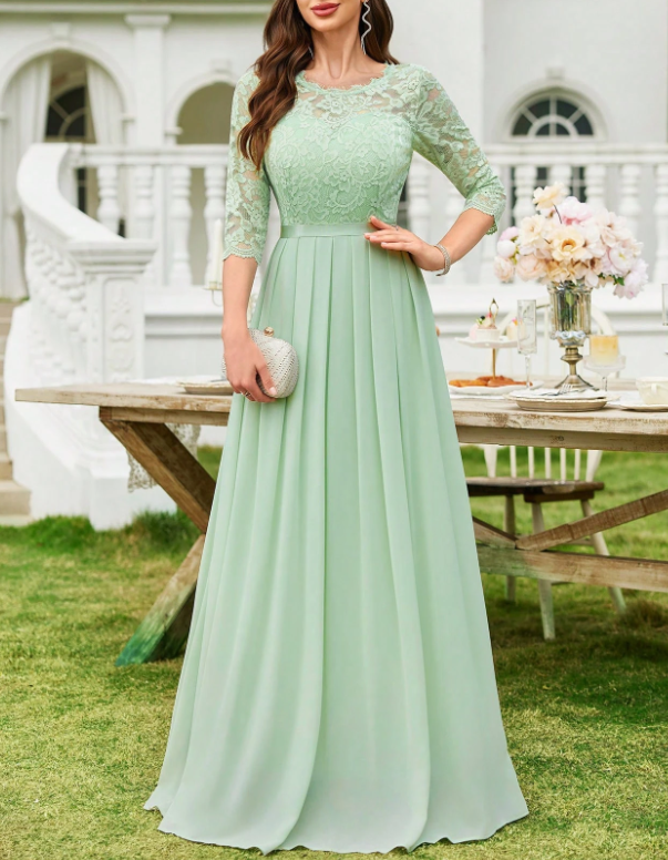 Vestido formal de noite com decote redondo, renda, chiffon, mangas a 3/4, cintura cintada e corte em A