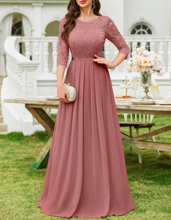 Vestido formal de noite com decote redondo, renda, chiffon, mangas a 3/4, cintura cintada e corte em A