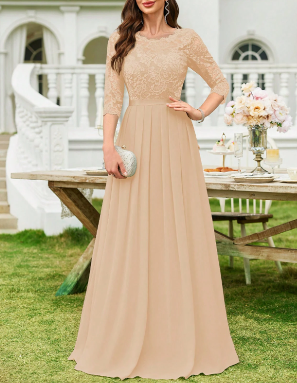 Vestido formal de noite com decote redondo, renda, chiffon, mangas a 3/4, cintura cintada e corte em A