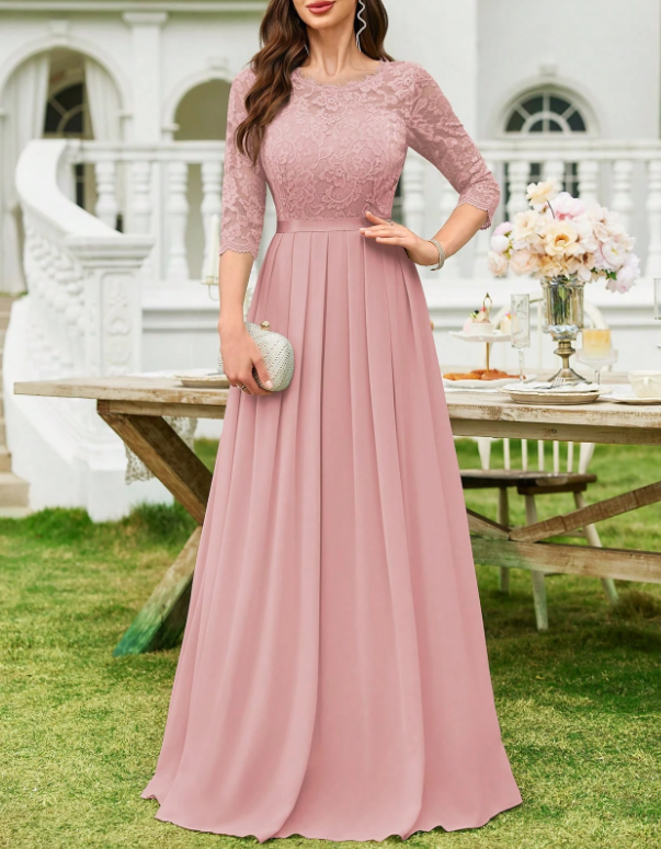 Vestido formal de noite com decote redondo, renda, chiffon, mangas a 3/4, cintura cintada e corte em A