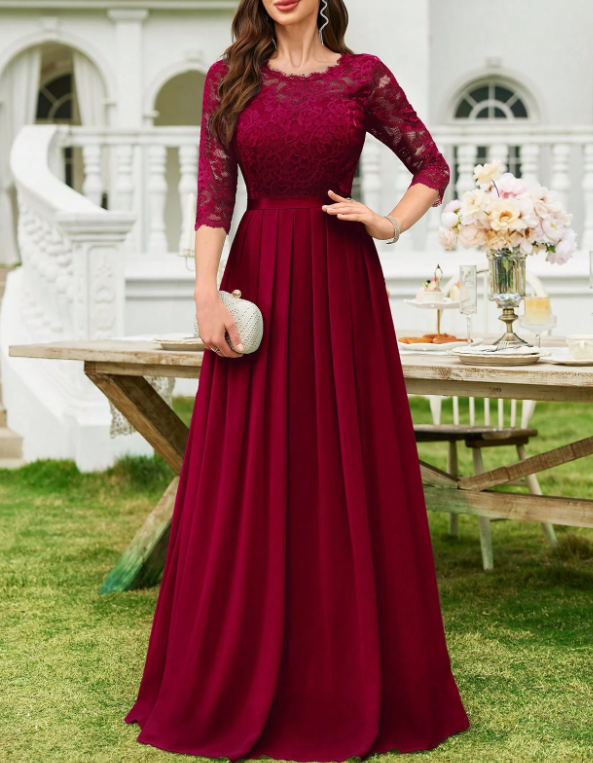 Vestido formal de noite com decote redondo, renda, chiffon, mangas a 3/4, cintura cintada e corte em A