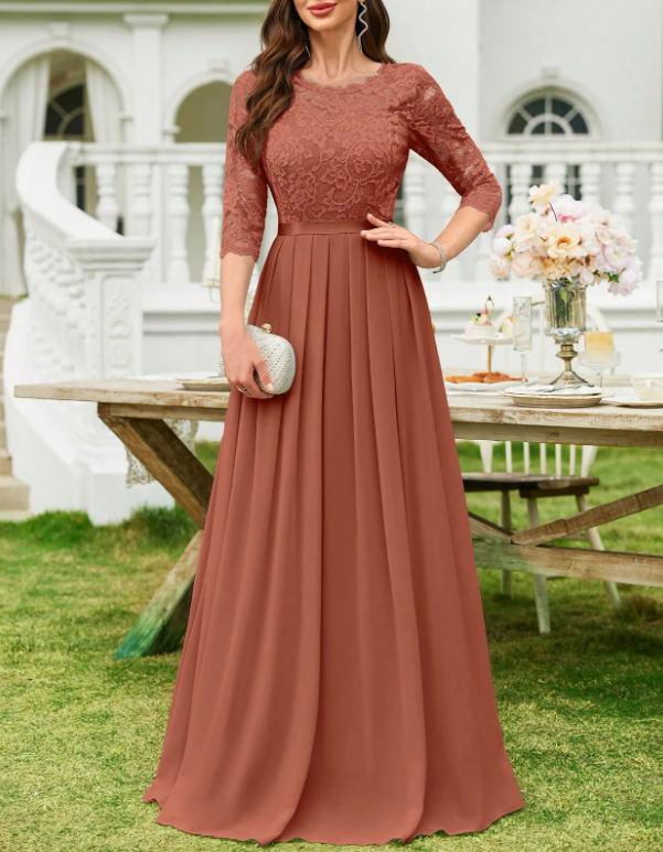 Vestido formal de noite com decote redondo, renda, chiffon, mangas a 3/4, cintura cintada e corte em A