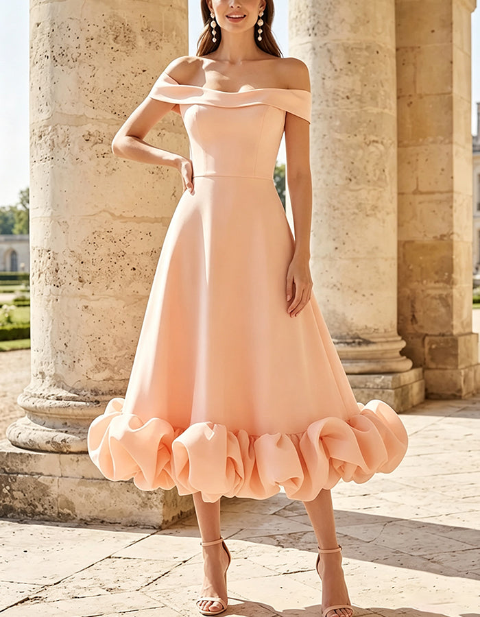 Pfirsichrosa Satin-Midikleid in A-Linie mit schulterfreiem Ausschnitt