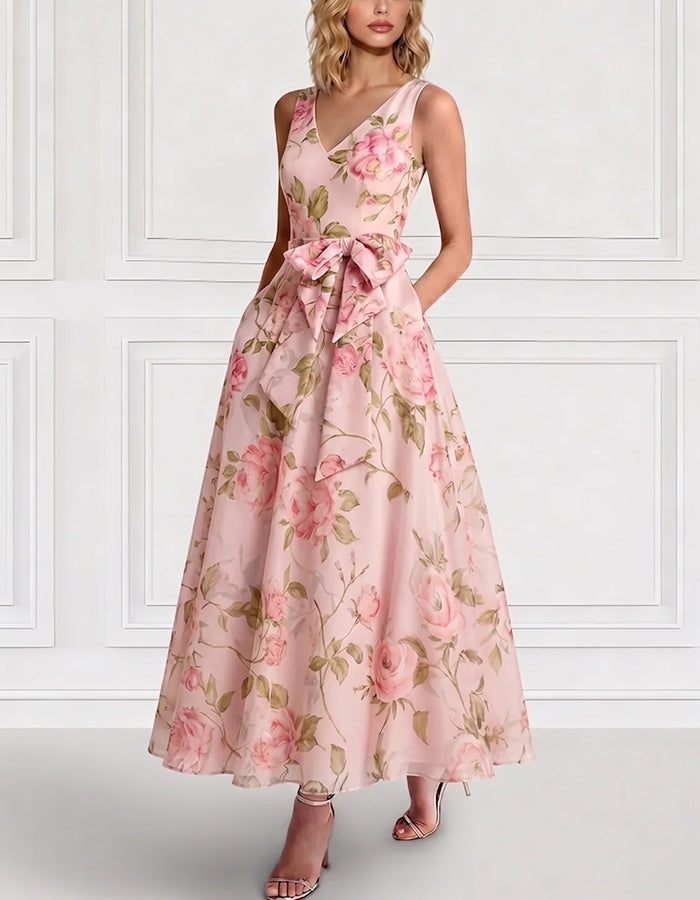 V‑Neck Sleeveless Floral Print Chiffon A‑Line Midi Dress