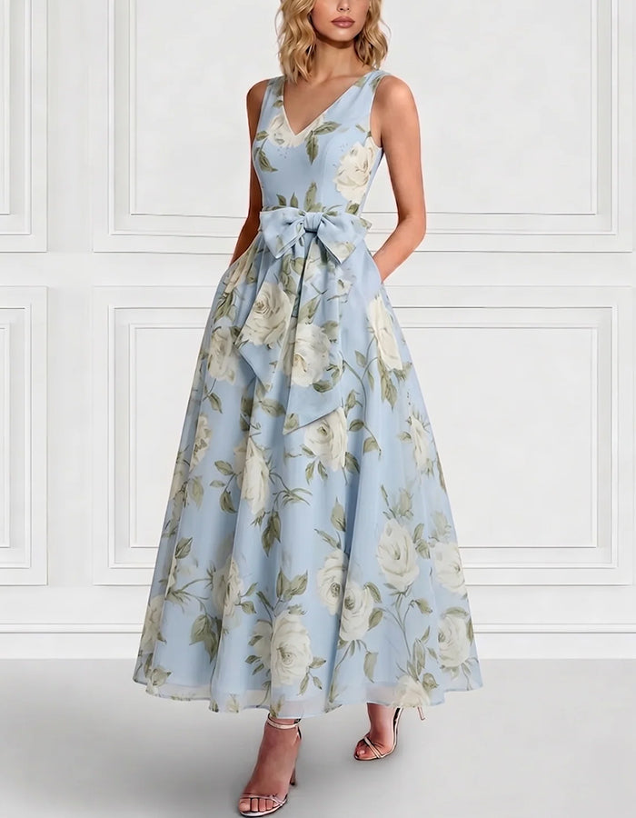 Ärmelloses A-Linien-Midikleid aus Chiffon mit Blumenmuster und V-Ausschnitt