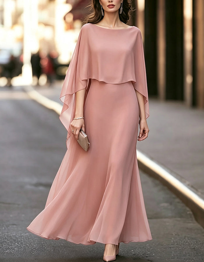 Vestido comprido maxi fluido de chiffon, com decote barco e mangas tipo capa