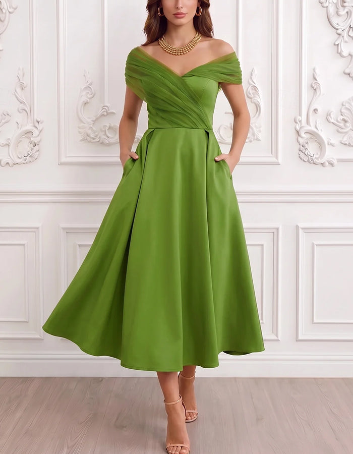 Rochie midi din satin, croială A-line, cu decolteu în V și tul, cu umerii goi