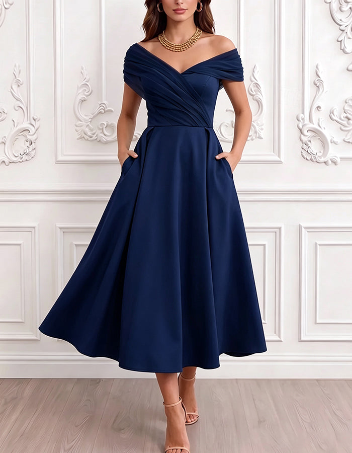 Rochie midi din satin, croială A-line, cu decolteu în V și tul, cu umerii goi