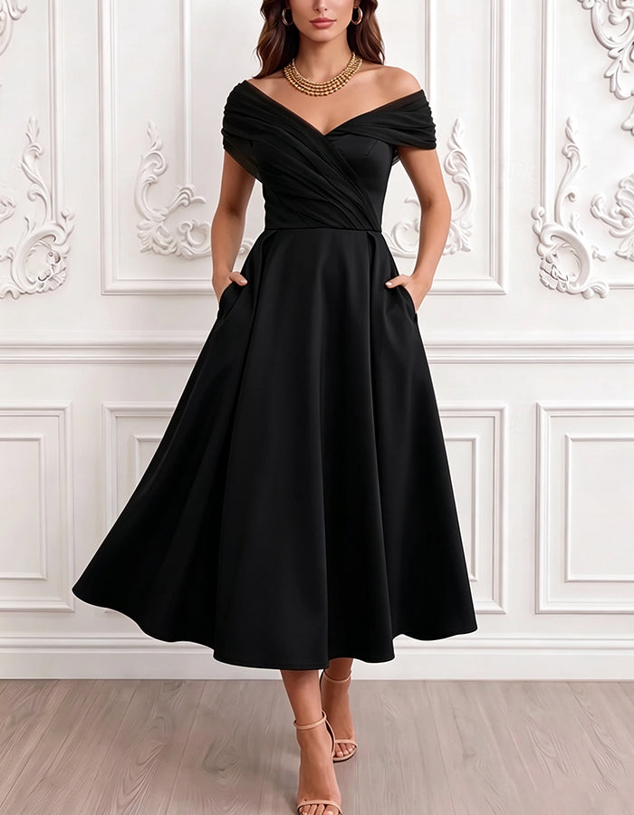 Rochie midi din satin, croială A-line, cu decolteu în V și tul, cu umerii goi