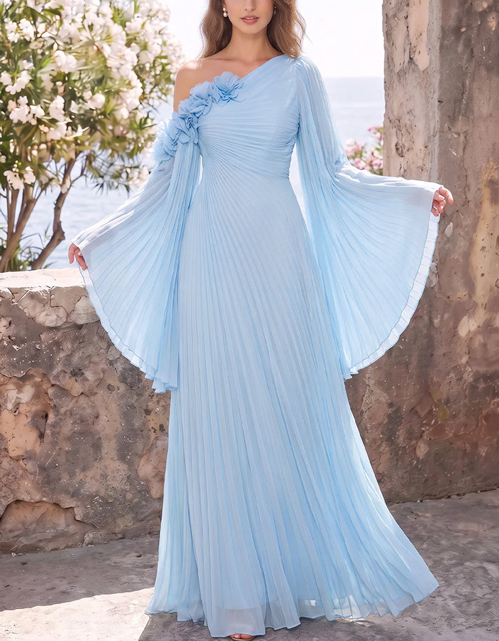 Vestido maxi de chiffon com um ombro, flores 3D, pregas e mangas de sino