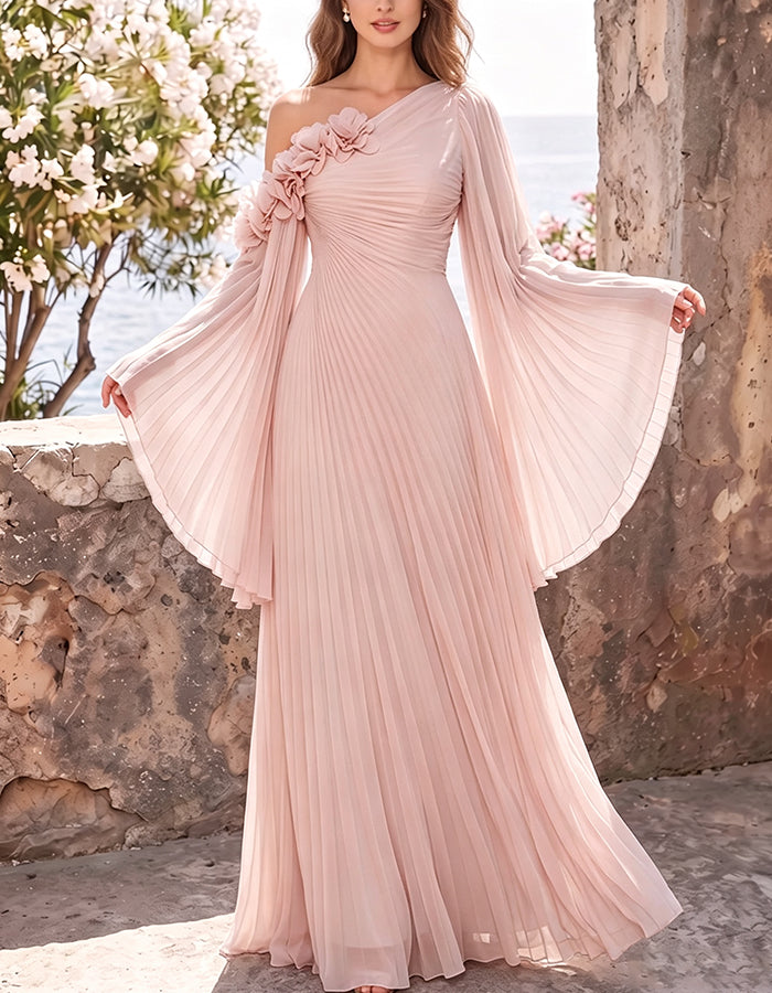 Vestido maxi de chiffon com um ombro, flores 3D, pregas e mangas de sino