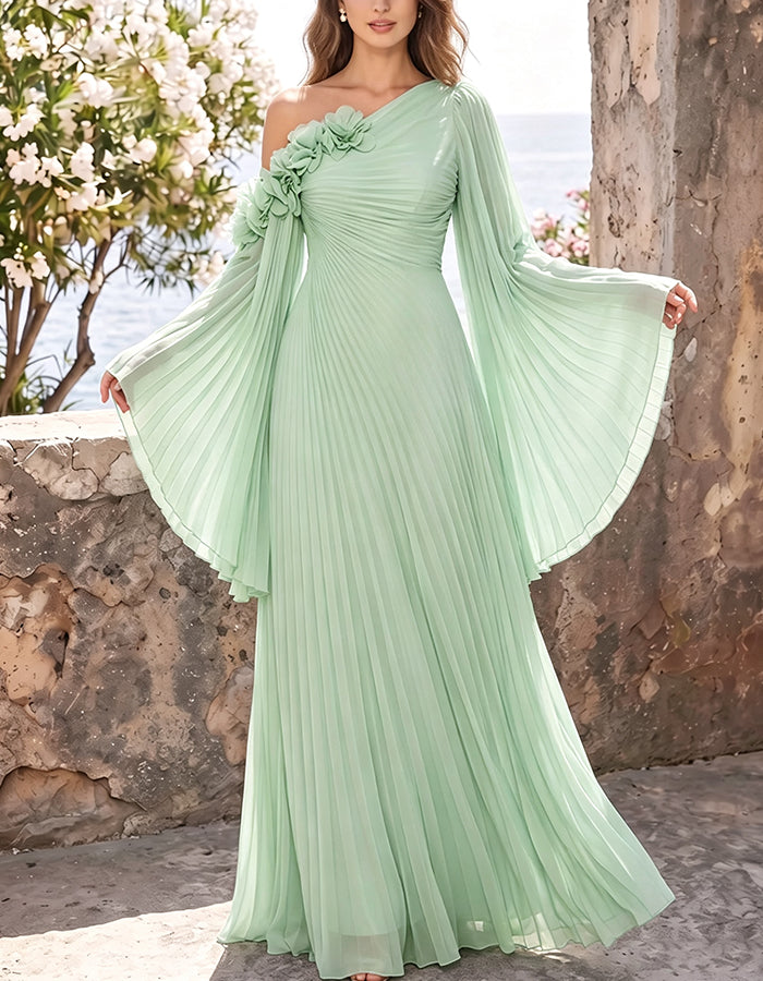 Vestido maxi de chiffon com um ombro, flores 3D, pregas e mangas de sino