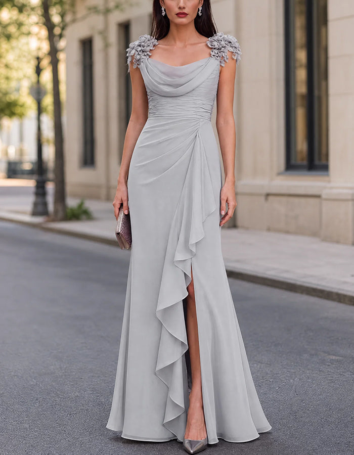Cowl Neck 3D Floral Shoulder Ruched Ruffle Maxi Dress