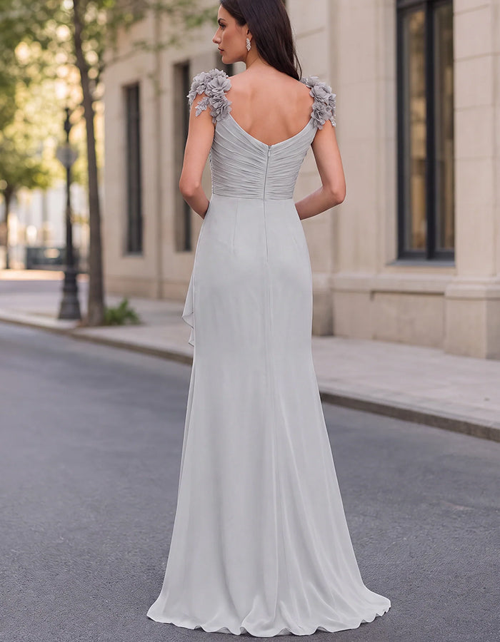 Cowl Neck 3D Floral Shoulder Ruched Ruffle Maxi Dress