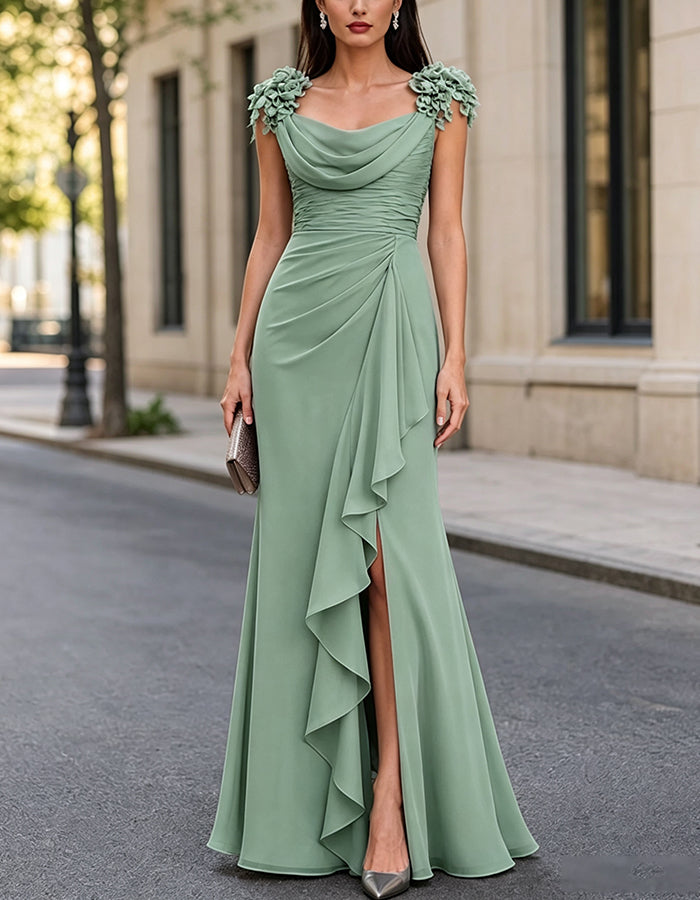 Cowl Neck 3D Floral Shoulder Ruched Ruffle Maxi Dress