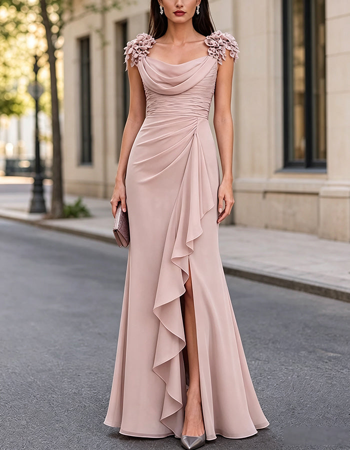 Cowl Neck 3D Floral Shoulder Ruched Ruffle Maxi Dress
