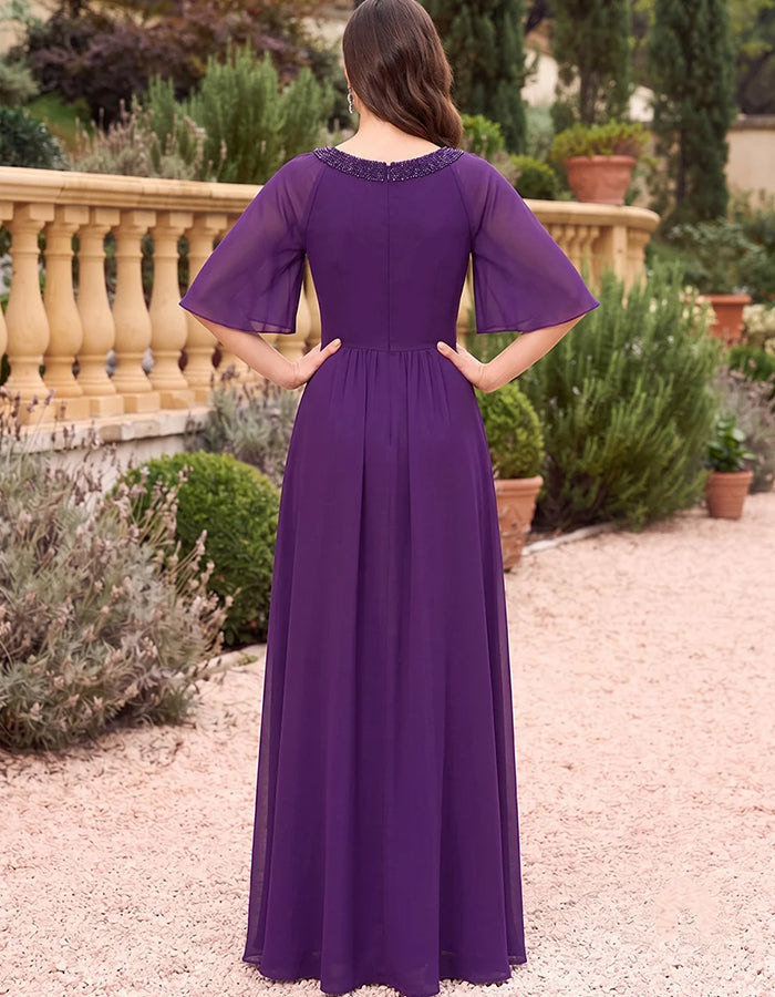 Chiffon Keyhole Neck Flutter Half‑Sleeve Crisscross Waist Maxi Dress