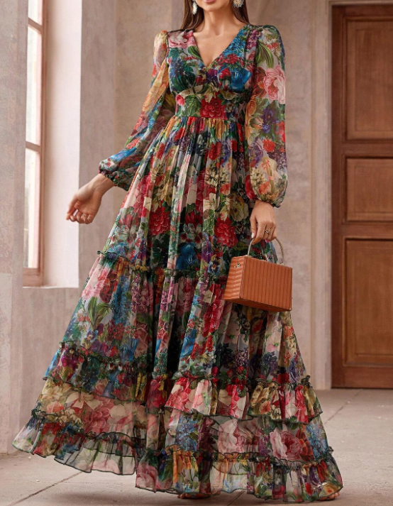 Vestido maxi evasé de chiffon estampado floral multicolorido, com decote em V, mangas compridas tufadas e folhos em camadas