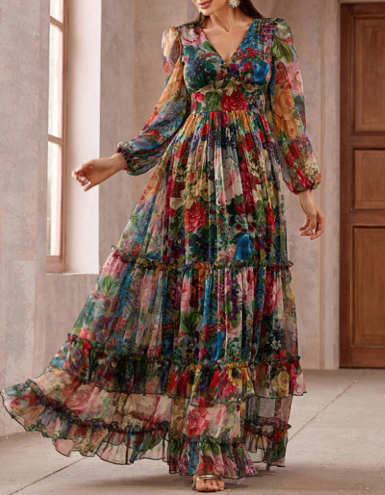 Vestido maxi evasé de chiffon estampado floral multicolorido, com decote em V, mangas compridas tufadas e folhos em camadas
